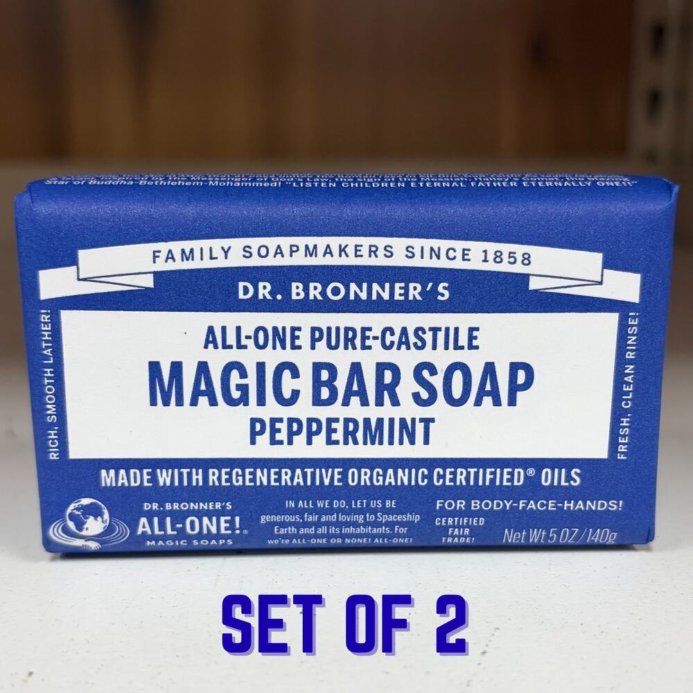 Set 2 Dr. Bronner's Peppermint Pure Castile Bar Soap Coconut Hemp Jojoba Oil 5oz
